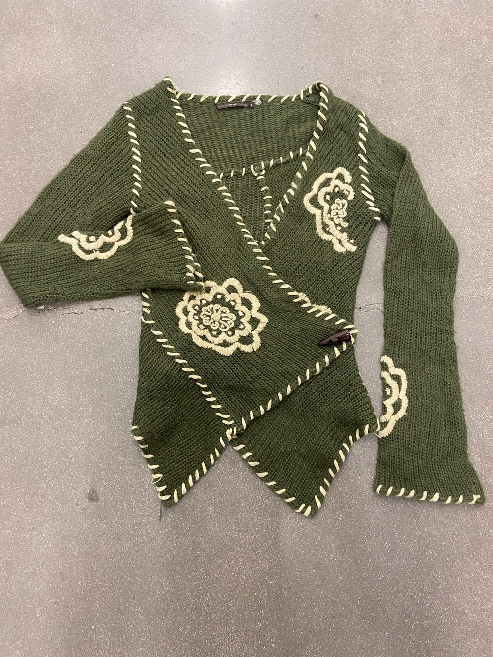 Vintage Olive Green Knit Wrap Cardigan Ivory Flower Stitch Fairycore Bell L /S